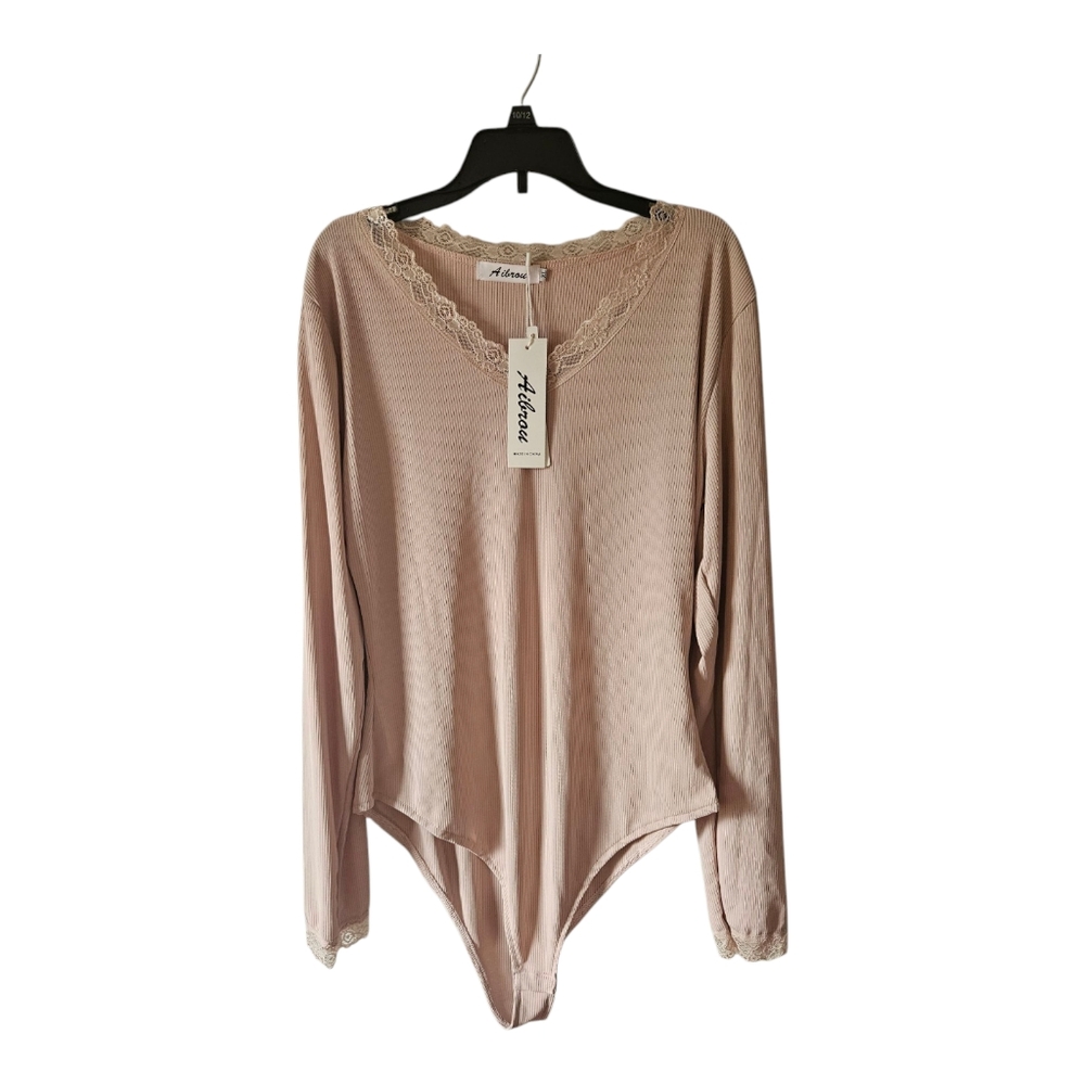 Aibrou Ribbed Long Sleeve Lace Trimmed Bodysuit Size XL
